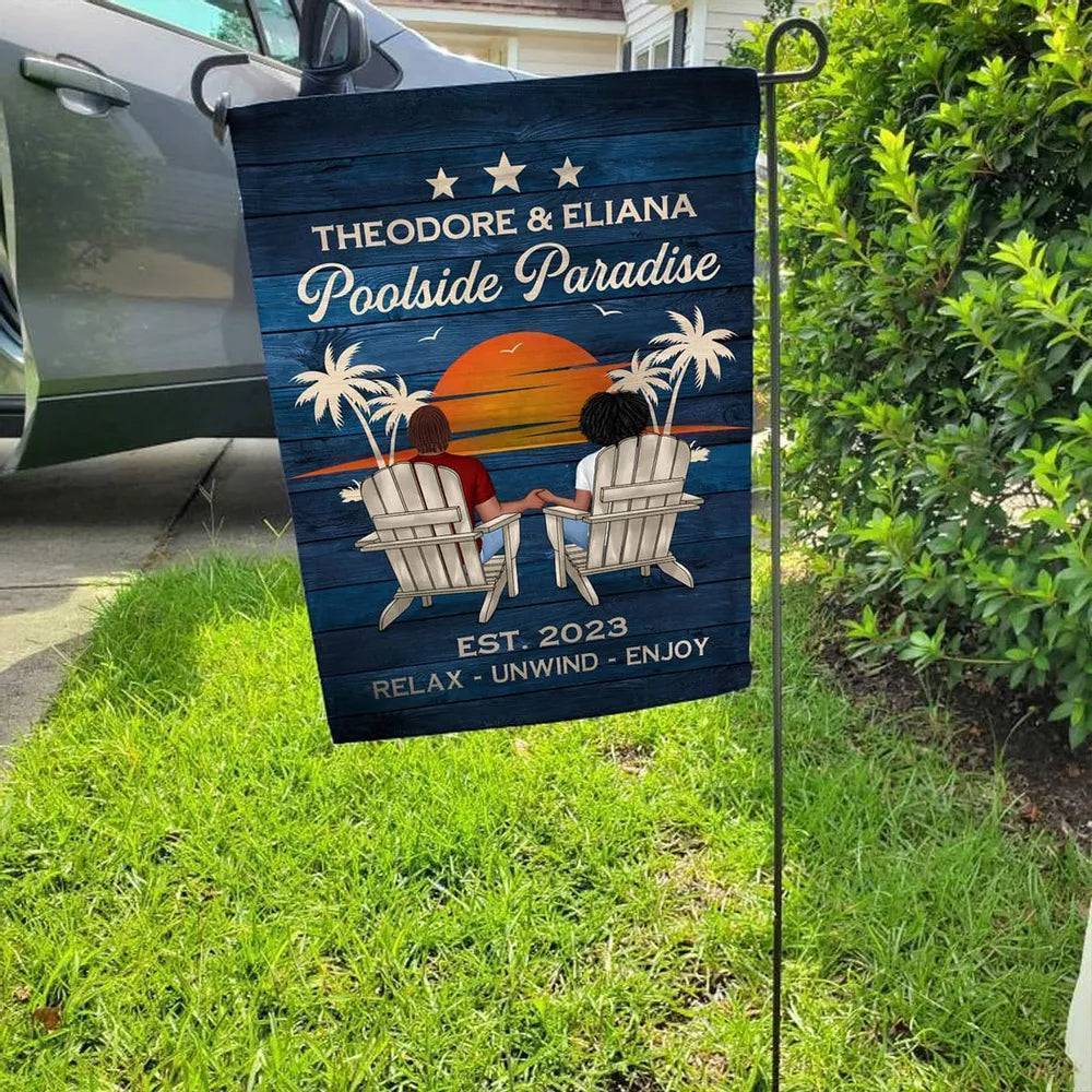 Relaxing Poolside Paradise Decor with Optional Flag Background Couple Sitting Personalized Sign, Flag, Vase - Perfect for Garden, Housewarming, Birthday, Anniversary Gift for Him, Her