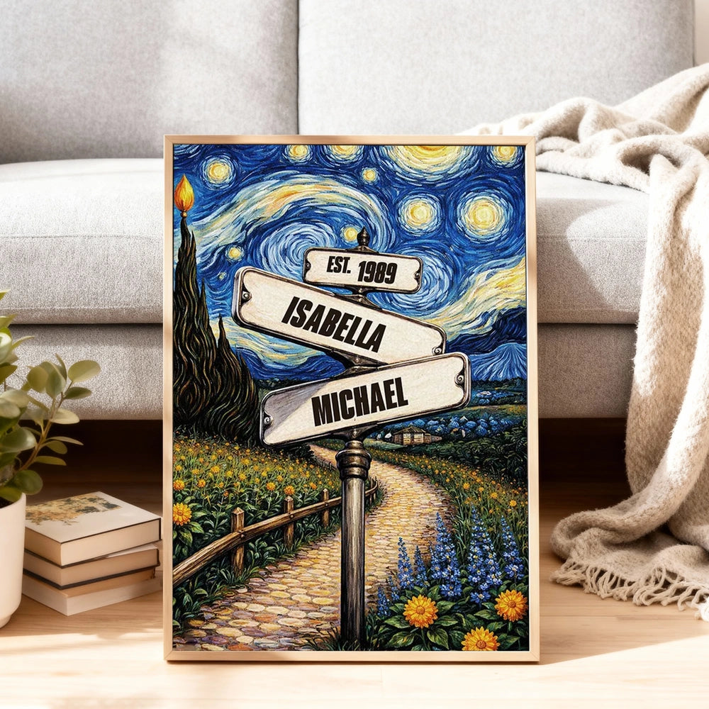 Personalized Couple Poster with Starry Night Signpost Scene, Unique Romantic Gift for Your Partner