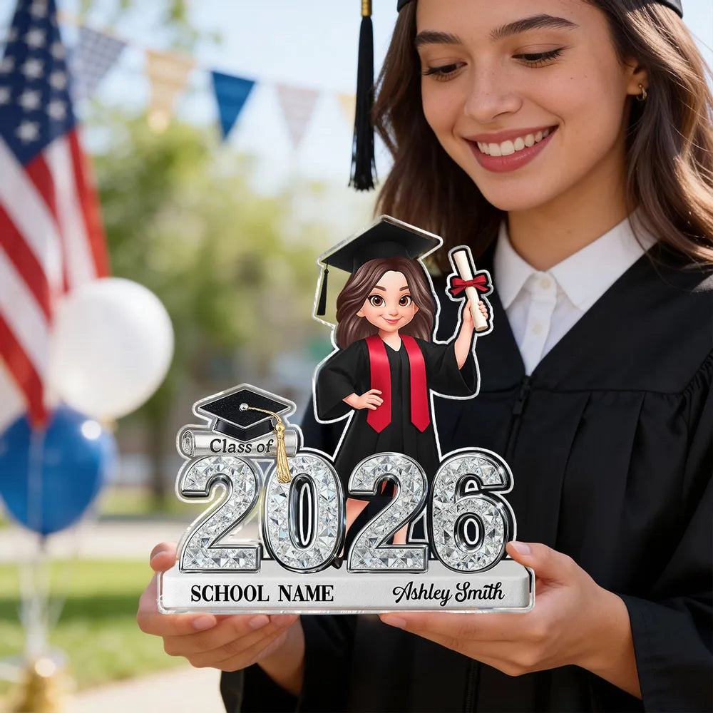 Shaped Acrylic Block Plaque for Graduation Decor, Glitter-Style Class of 2026 Grad Figure, Creative Gift