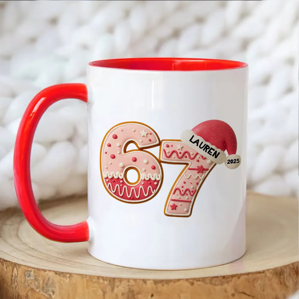 Personalized “67” Christmas Mug with Cute Cookie Design, Custom Name Holiday Gift for Kids, Teens & Grandkids