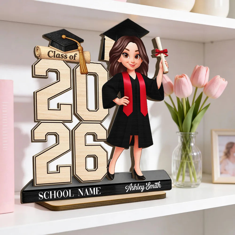 Custom Graduation Girl Character 2-Layer Wooden Plaque, Class Year Keepsake for Living Room Display, Thoughtful Gift