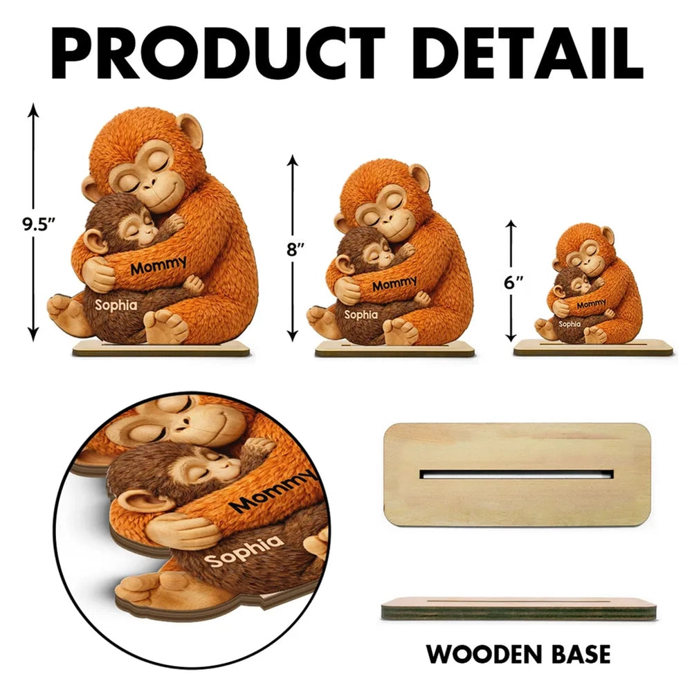 Personalized 2-Layer Wooden Plaque with Hugging Mom Monkey and Babies - Unique Mother's Day Gift for Mom