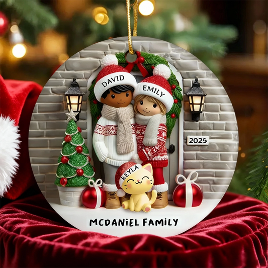 Ceramic Ornament Couple with Dogs at Festive Doorway, cozy tree-ready décor,perfect Christmas gift for pet-loving families
