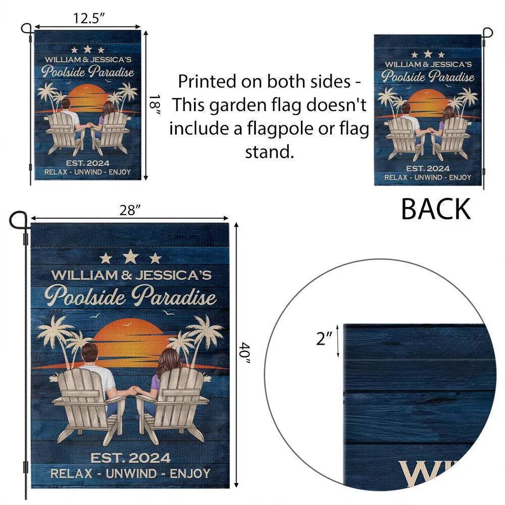 Relaxing Poolside Paradise Decor with Optional Flag Background Couple Sitting Personalized Flag, Sign, Vase - Perfect for Garden, Housewarming, Birthday, Anniversary Gift for Him, Her