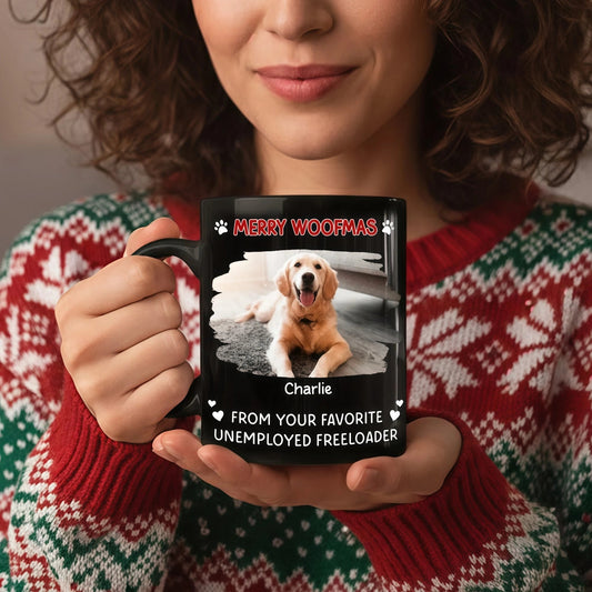 Custom Pet Full Color Mug with Funny Merry Woofmas Message – Creative Holiday Coffee Gift for Dog Mom or Dad