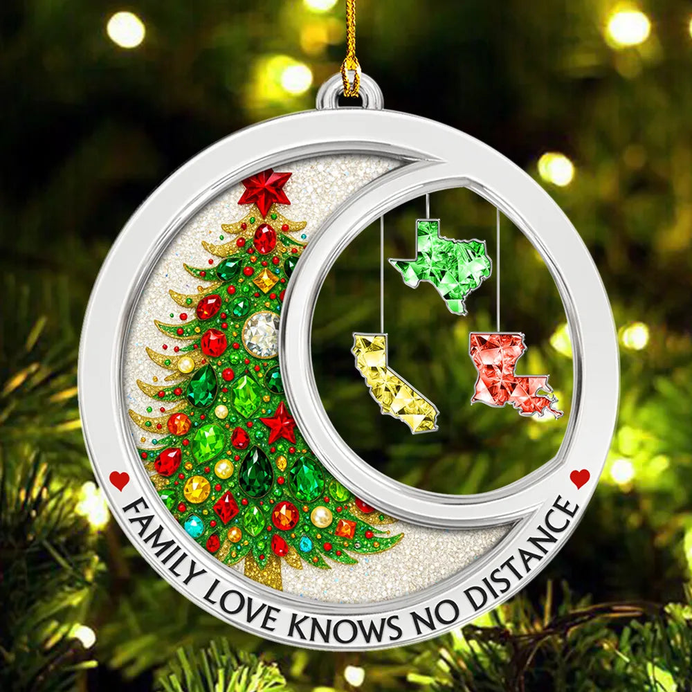 Personalized Acrylic Ornament with Gemstone Christmas Tree & States – Family Love Knows No Distance, Unique Holiday Gift