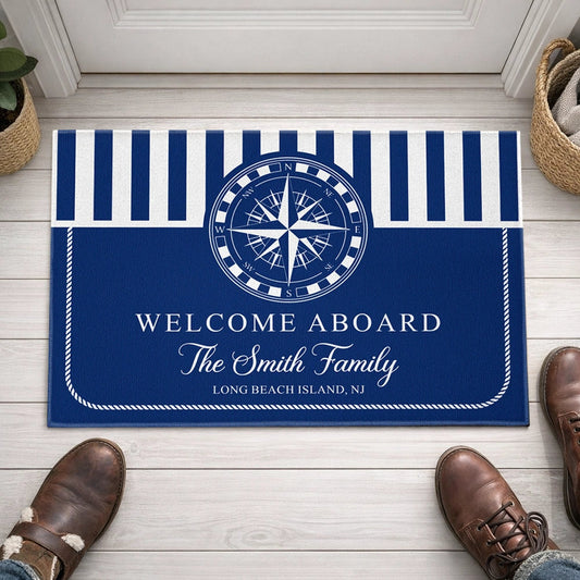 Nautical Welcome Aboard Standard Doormat, Personalized Entryway Decor with Classic Navy Stripes, Unique Gift Idea