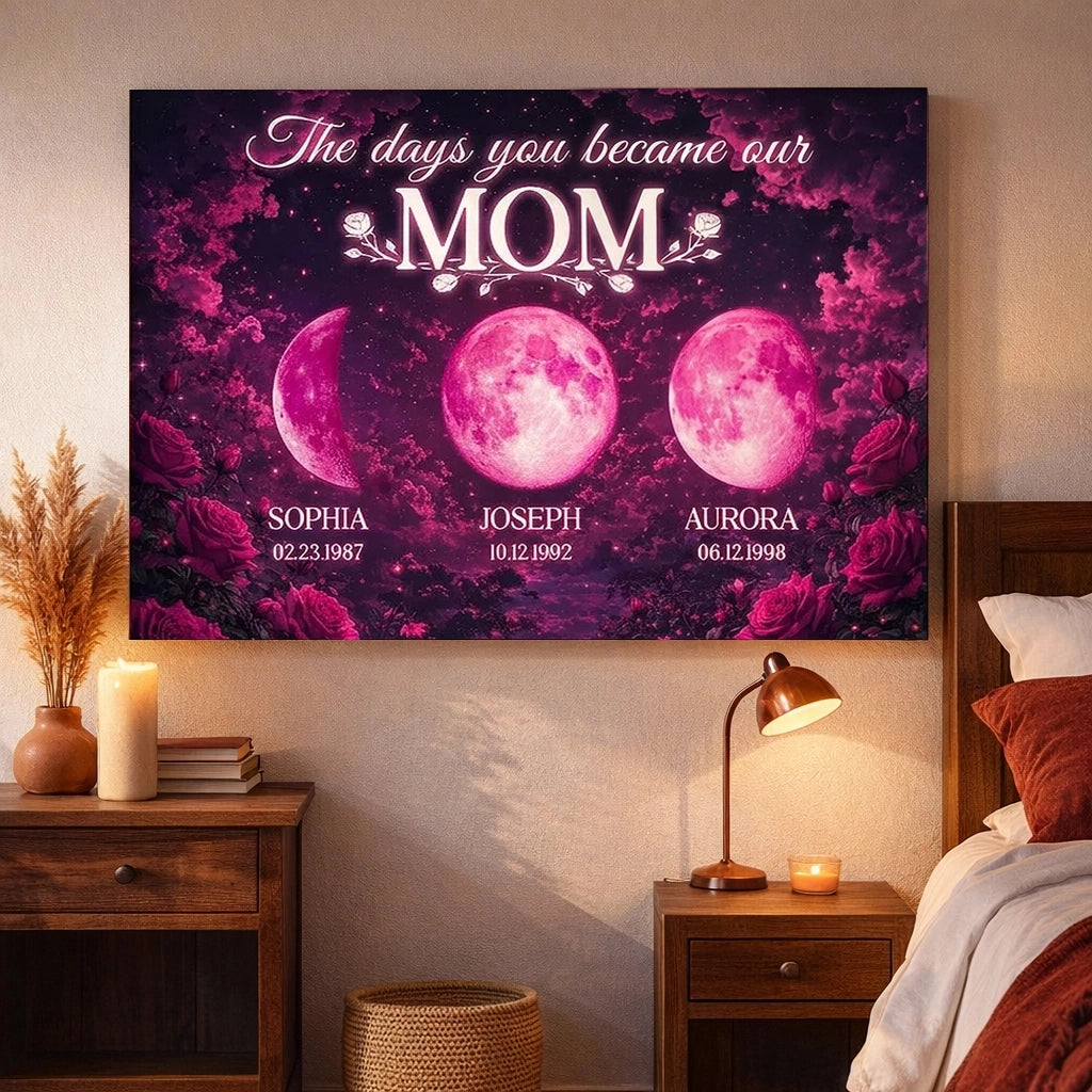 The Days You Became Our Mom Poster, Personalized Pink Moon Wall Art with Rose Accents, Meaningful Gift for Mom