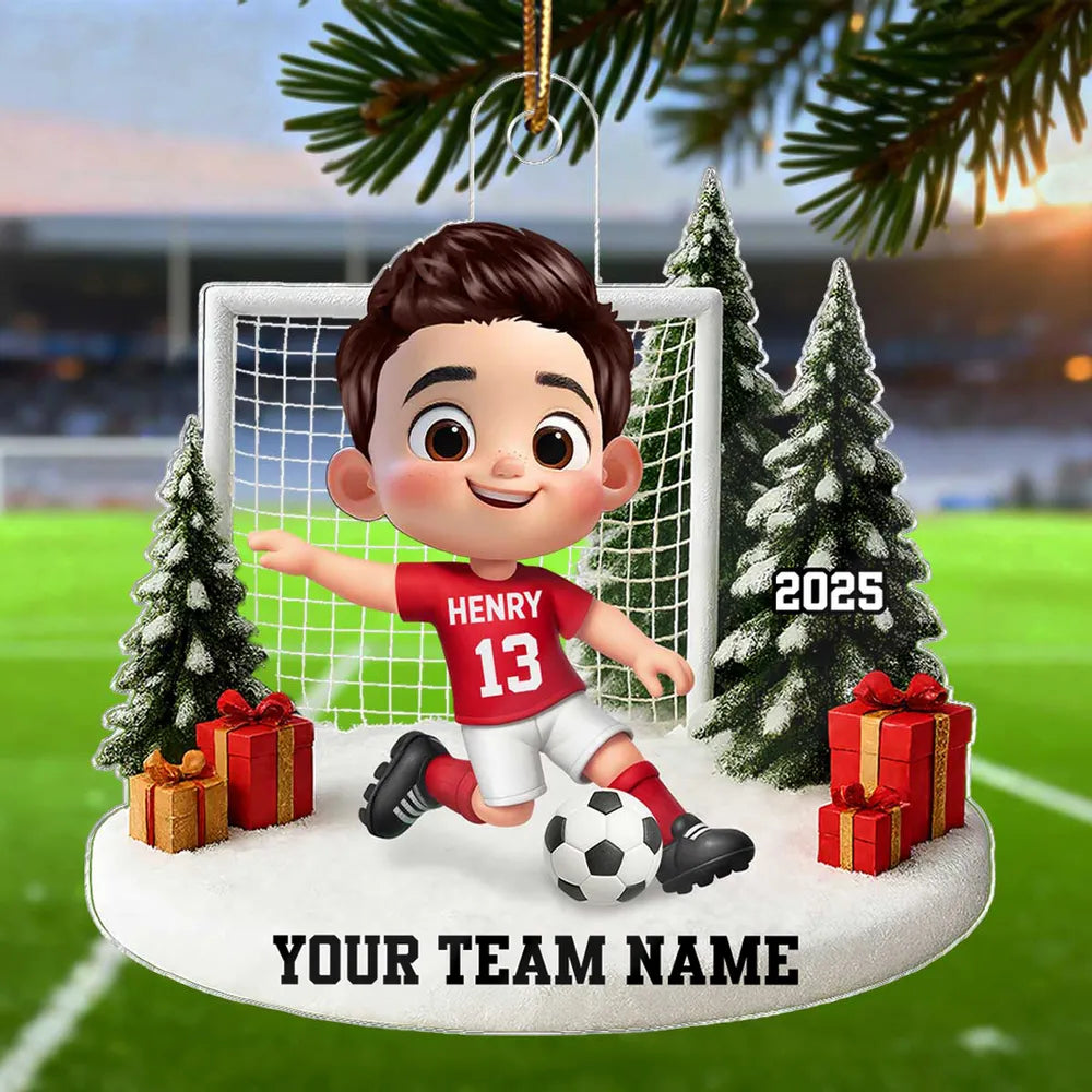 Soccer Kid Acrylic Ornament - Festive Winter Goal Scene, Customizable, Unique Christmas Gift for Young Players & Parents