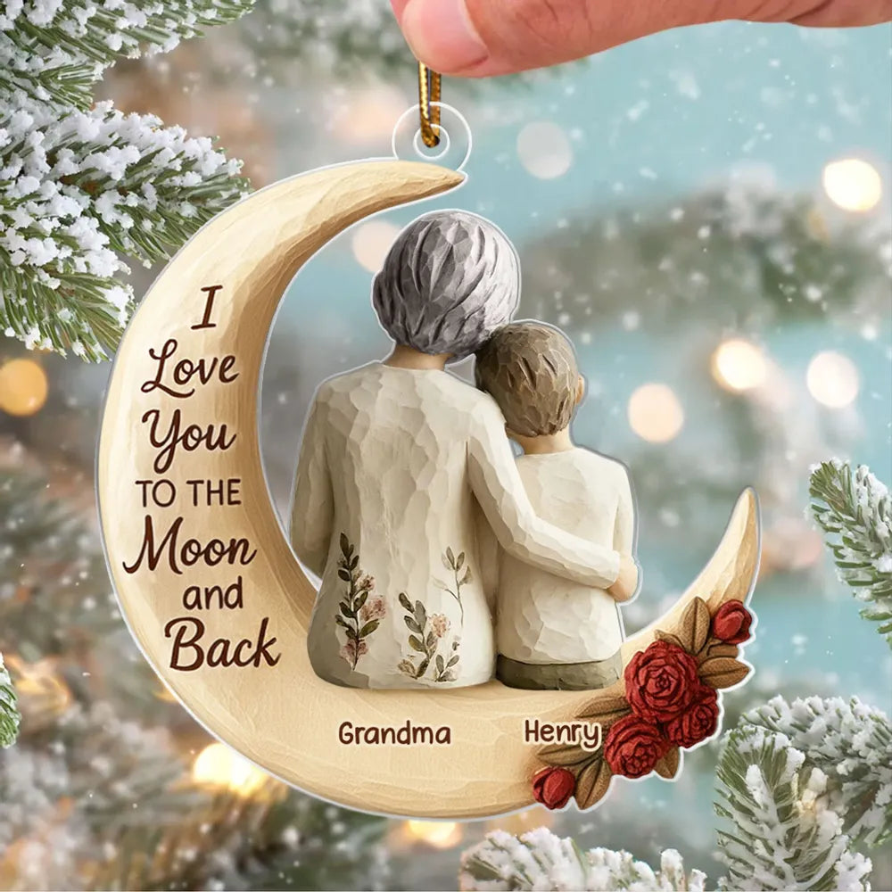 Acrylic Ornament with Grandma and Grandkid Moon Hug Heartwarming Holiday Decor Personalized Unique Gift for Grandma