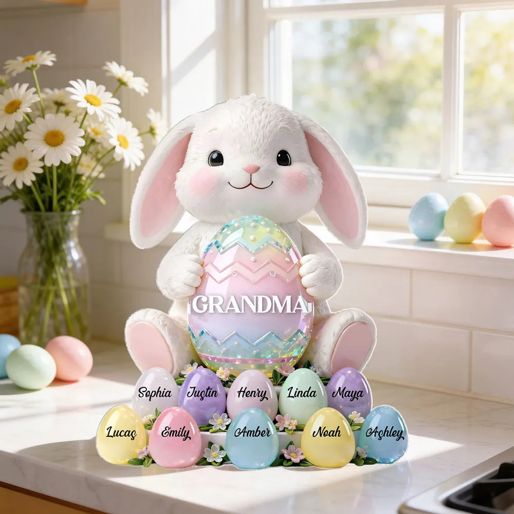 Personalized Shaped Acrylic Block Plaque Cute Bunny Holding Easter Egg for Grandma Spring Shelf Decor Unique Gift