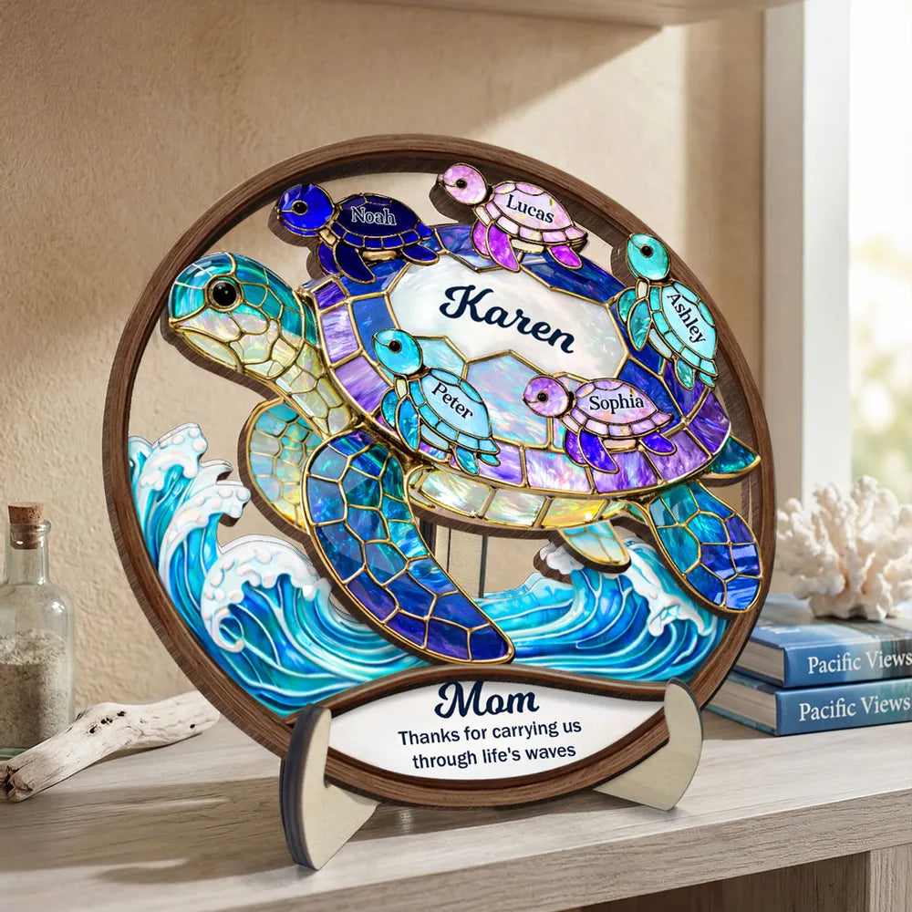 2-Layer Wooden Plaque with Stained-Glass Style Sea Turtle and Heartfelt Message - Personalized Gift for Mom