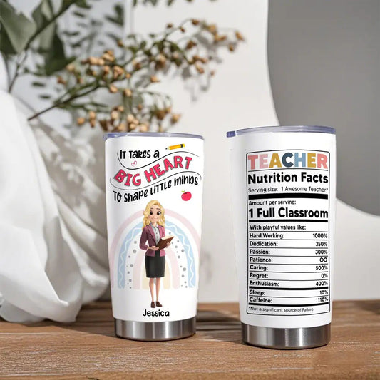 Insulated Travel Tumbler with Big Heart Design – "It Takes A Big Heart To Shape Little Minds" Teacher Gift