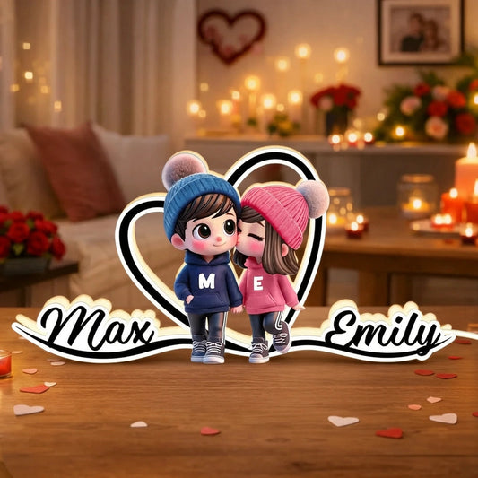 Personalized Cartoon Couple Kissing Heart Acrylic Light Box, Cozy Warm Glow Bedroom Decor, Unique Gift for Him or Her