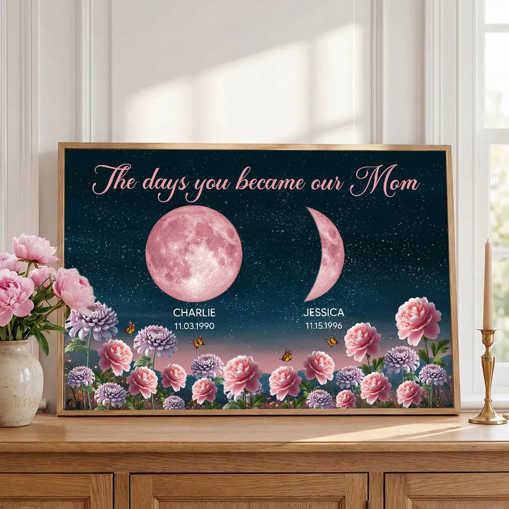 The Days You Became Our Mom Poster, Personalized Moon Phases and Birth Month Flowers, Heartfelt Gift for Mom