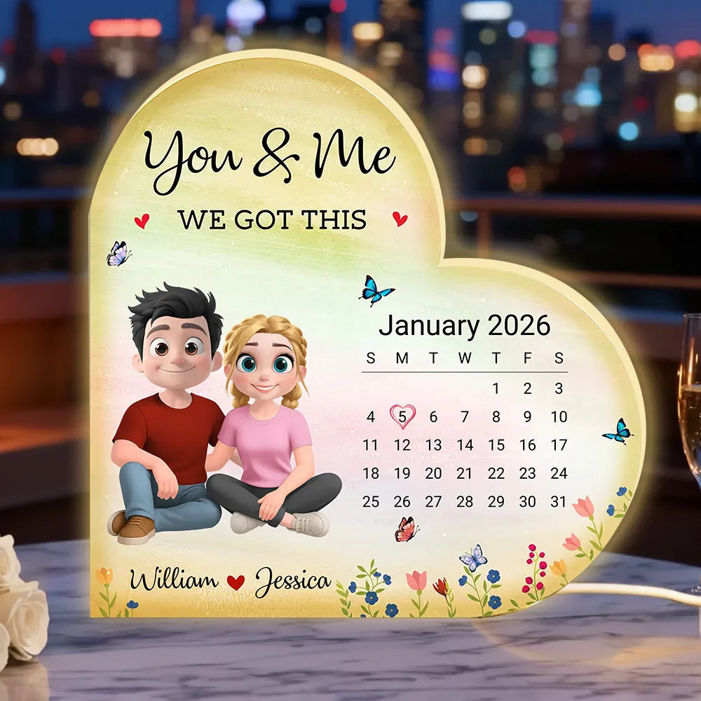 Personalized Heart Acrylic Light Box Calendar Night Light for Couples, You & Me We Got This, Warm Glow Unique Gift