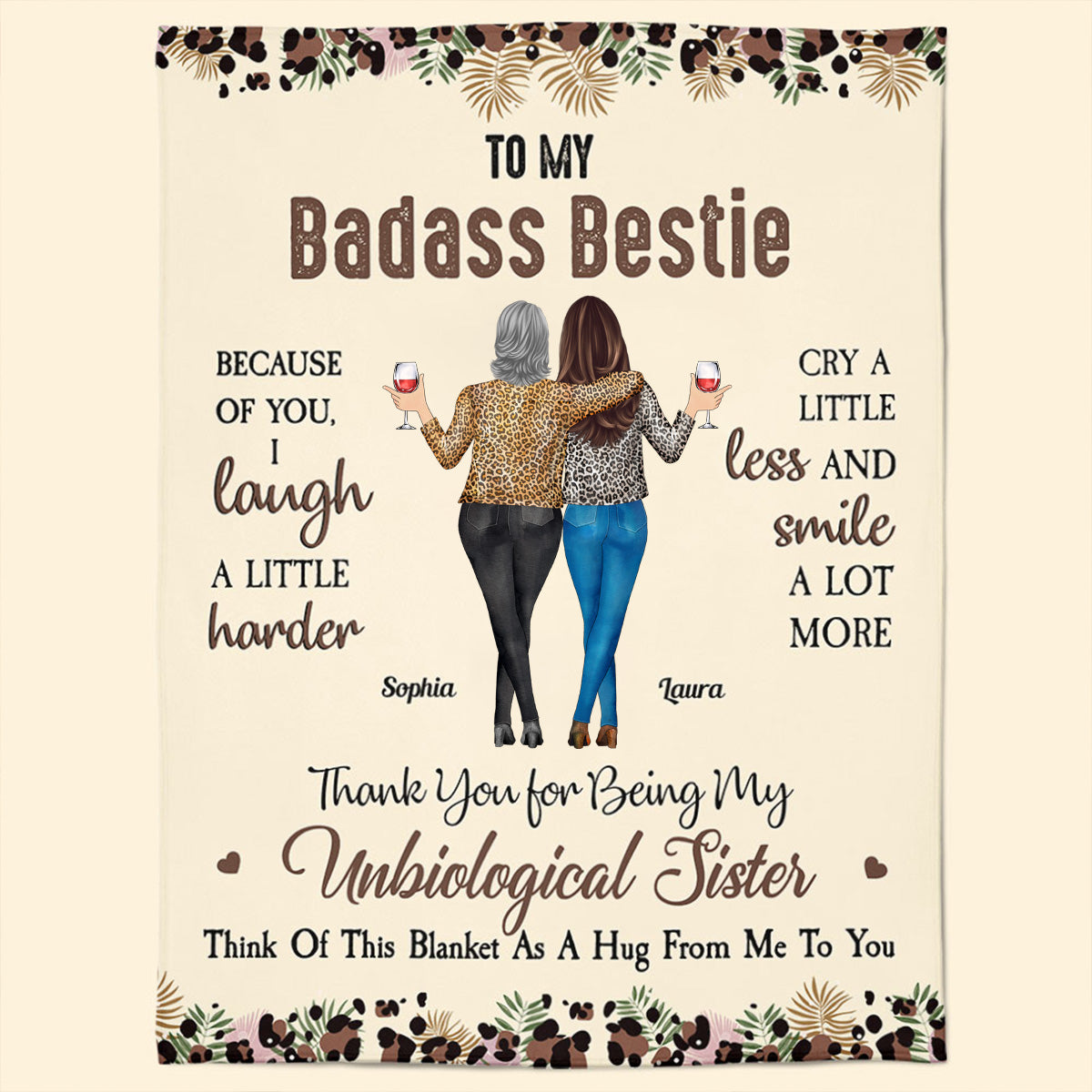 To My Badass Bestie Fleece Blanket, Personalized Friendship Hug Throw, Cute Leopard Floral Design, Creative Gift
