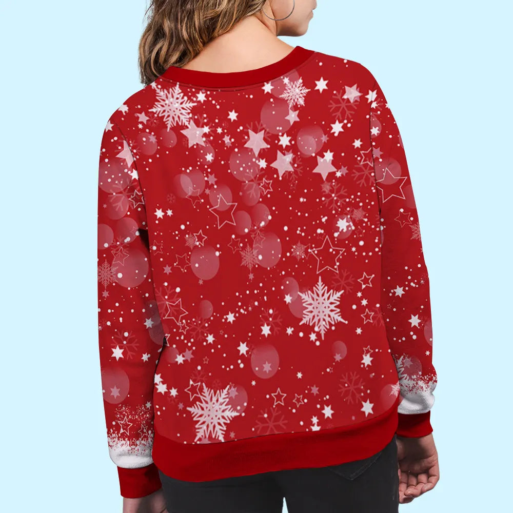 Custom Grandma Printed Sweatshirt with Cartoon Face & Holiday Lights, Festive Family Christmas Gift Idea