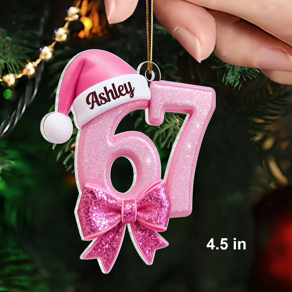 Custom Acrylic Ornament in Pink Glitter Number Style, Festive Santa Hat & Big Bow, Sweet Holiday Keepsake Gift for Grandkids