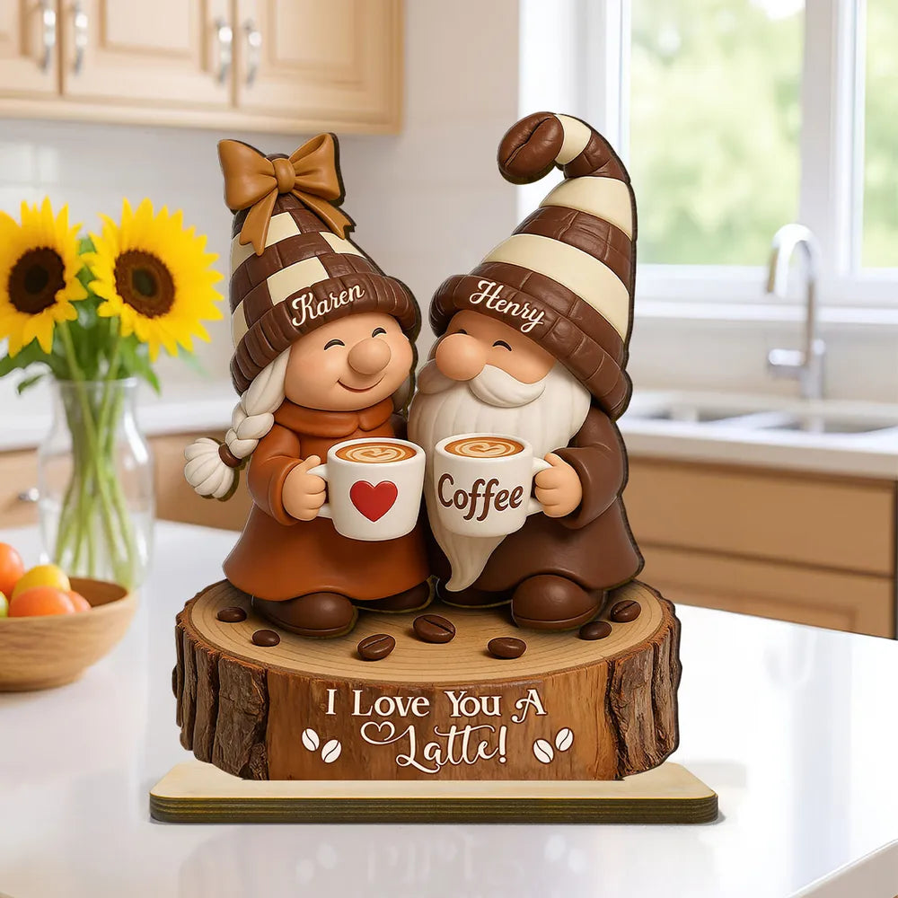 Personalized Wooden Plaque with Cute Coffee Gnomes, Rustic Countertop Decor, Unique Couple Gift for Growing Old Together
