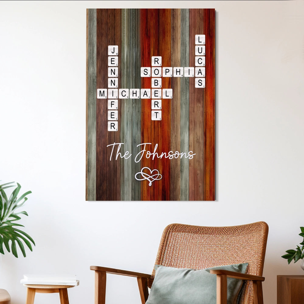 Personalized Family Name Poster Crossword Wall Art – Rustic Colorful Wood Decor, Heartfelt Home Display, Unique Gift for Parents & Loved Ones