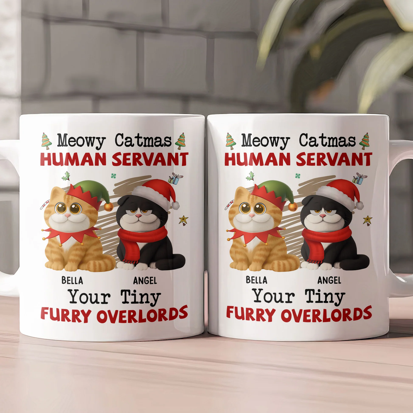 Personalized White Ceramic Mug for Cat Lovers – Meowy Catmas Tiny Furry Overlords Design – Funny Custom Gift for Your Human Servant