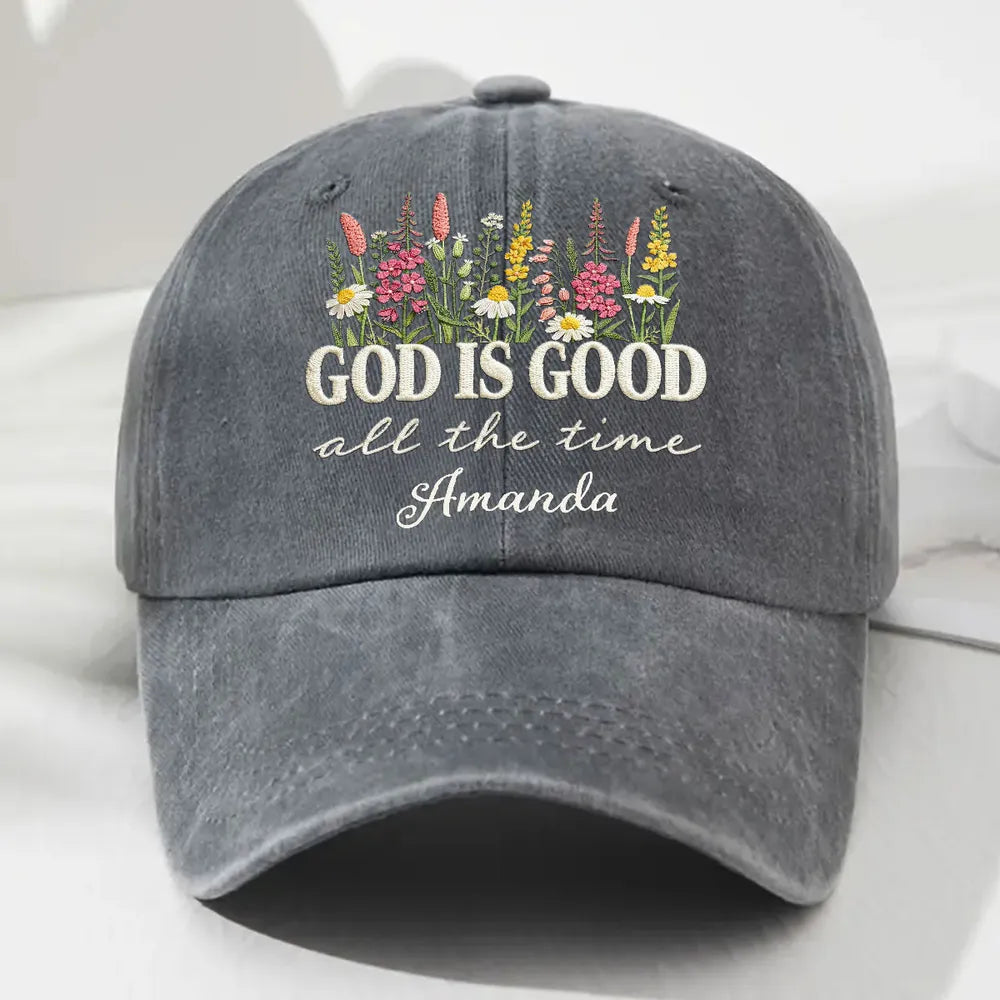 Washed Denim Baseball Cap with God Is Good All the Time Message - Personalized Vintage Look Cap, Meaningful Gift for Her