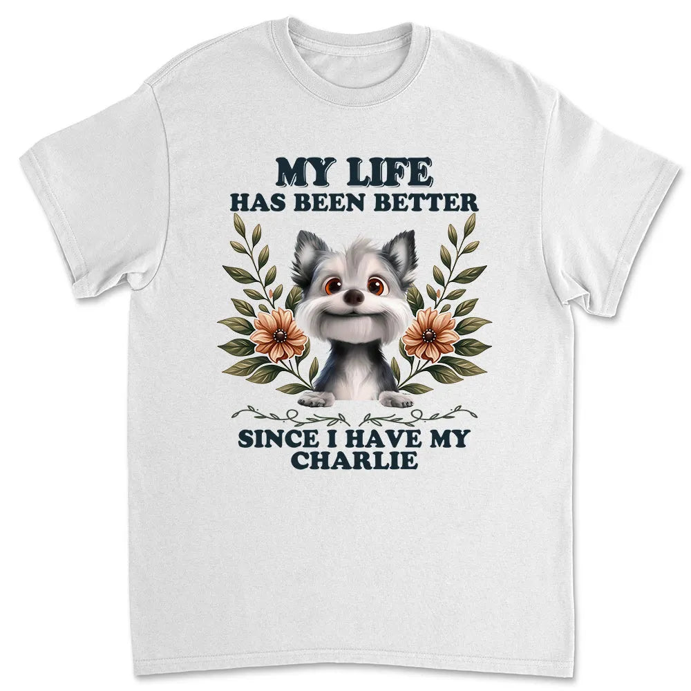 Classic Tee with Dog Illustration and Floral Accents, Comfortable Everyday Wear, Perfect Gift for Pet Lovers
