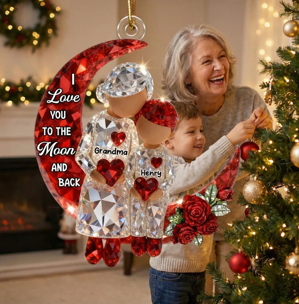 Acrylic Ornament Personalized Grandma and Grandkid Moon Hug Scene I Love You to the Moon and Back Sweet Holiday Gift