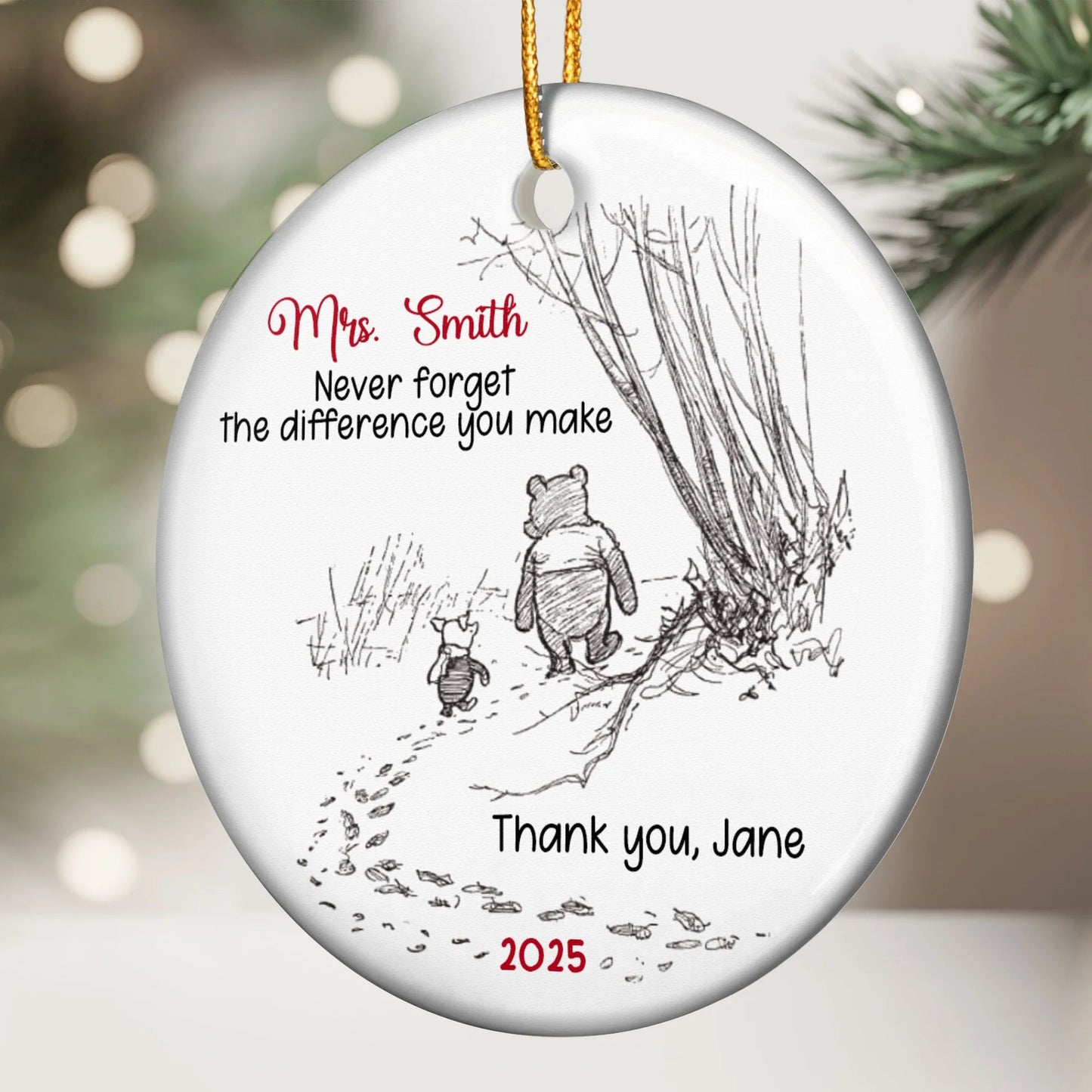Custom Ceramic Ornament with Cute Walking Bear Illustration – Heartfelt Never Forget the Difference You Make Message – Sentimental Unique Gift for Someone Special