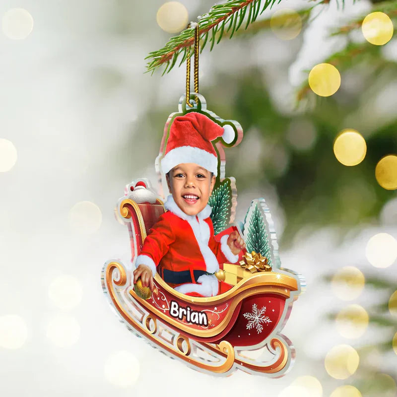 Personalized Baby Santa Acrylic Ornament in Sleigh – Custom Photo Christmas Ornament, Festive Tree Decor & Unique Holiday Gift