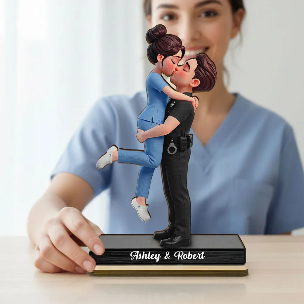 2-Layer Wooden Plaque Personalized Hero Couple Kiss - A Heartwarming Custom Gift for Couples, Police Firefighter Nurse Love