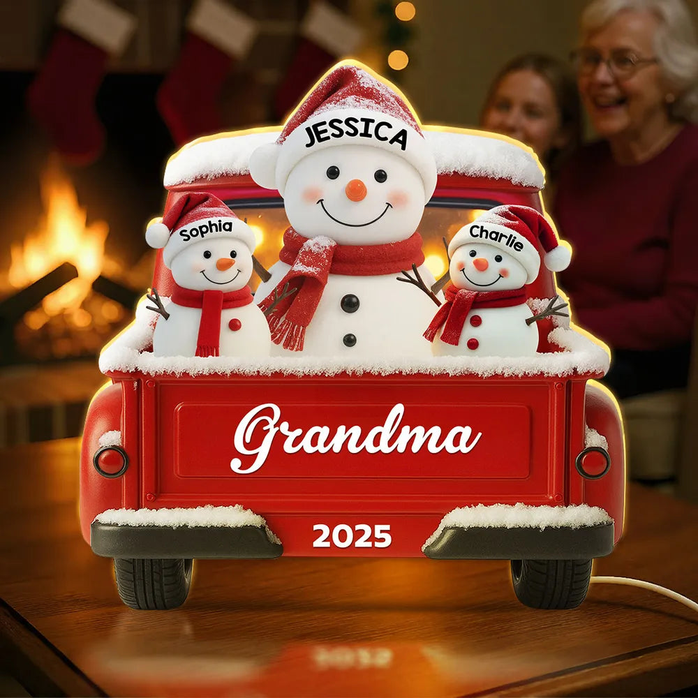Custom Snowman Grandma & Grandkids Acrylic Light Box, Festive Red Truck Bedroom Lamp and Unique Holiday Gift for Family