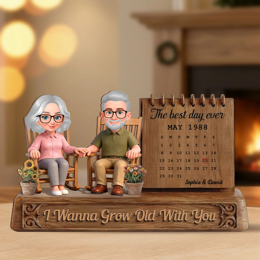Personalized 2-Layer Wooden Plaque with Elderly Couple in Rocking Chairs and Calendar, Romantic Keepsake, Unique Gift for Wife or Husband