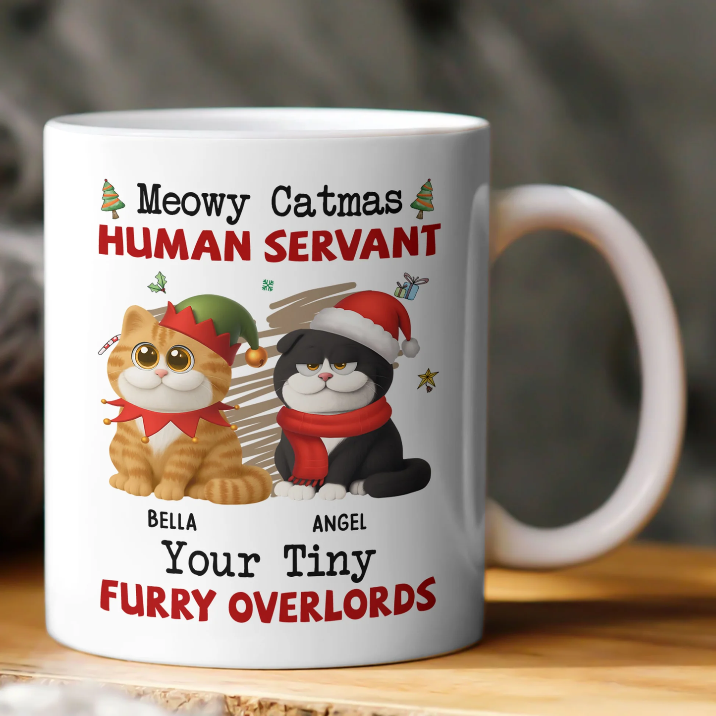 Personalized White Ceramic Mug for Cat Lovers – Meowy Catmas Tiny Furry Overlords Design – Funny Custom Gift for Your Human Servant