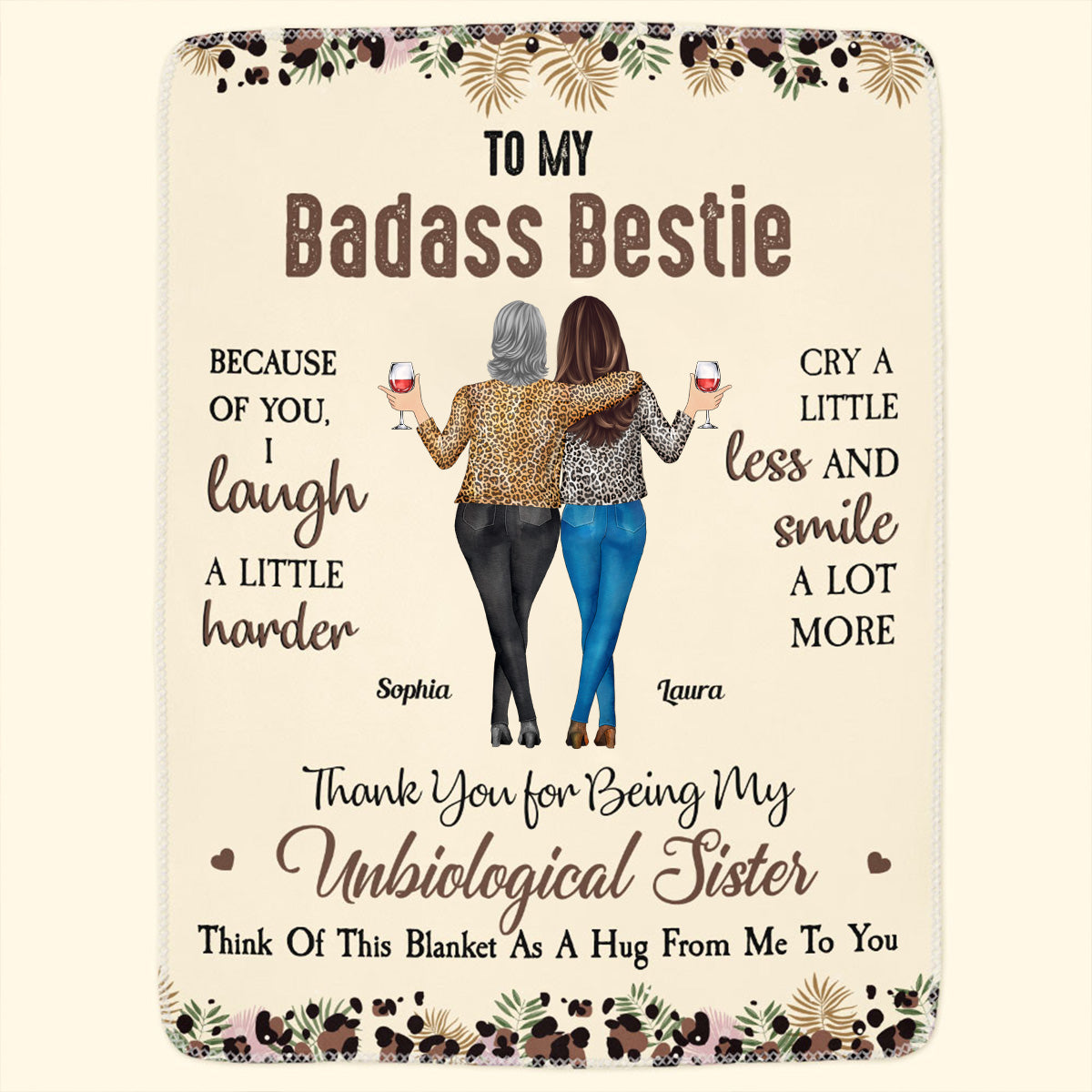 To My Badass Bestie Fleece Blanket, Personalized Friendship Hug Throw, Cute Leopard Floral Design, Creative Gift
