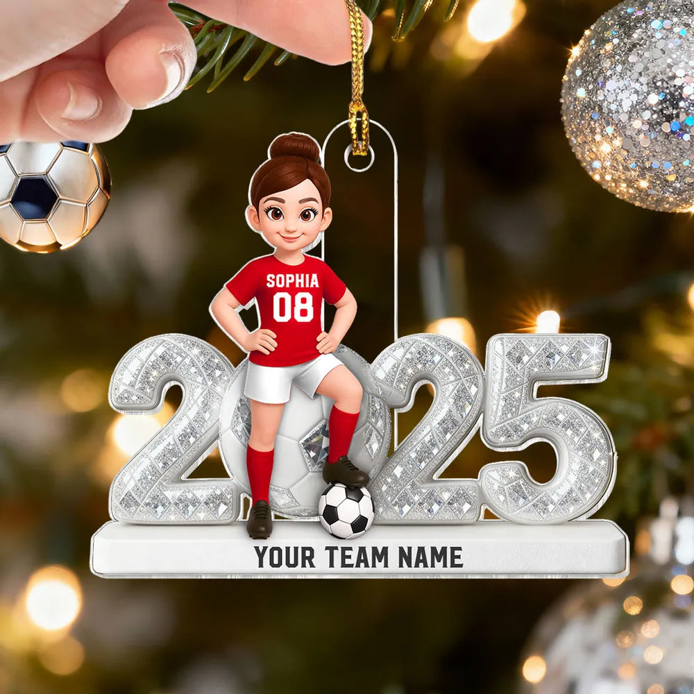 Acrylic Ornament - Custom Soccer Player with Ball, Stadium Lights & Snowflakes - Unique Gift for Players & Coaches