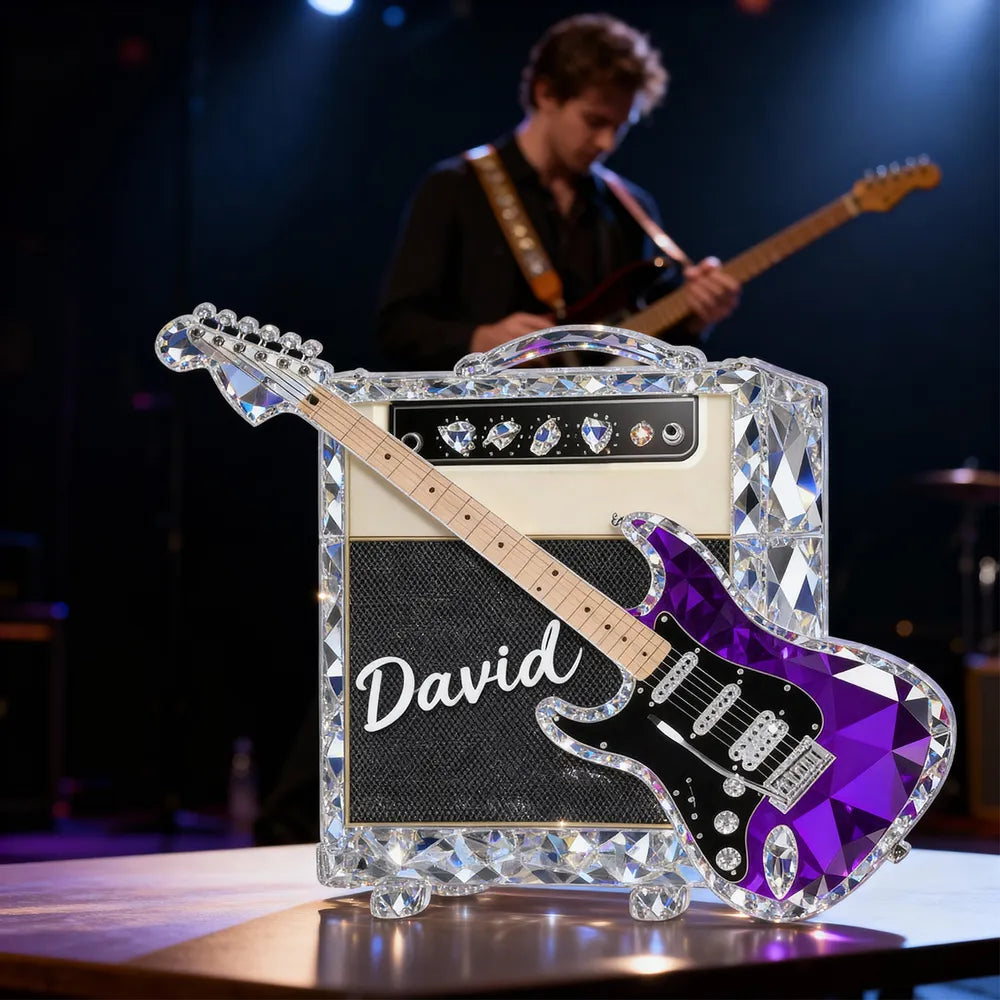 Personalized Guitar Shaped Acrylic Block Plaque, Amp and Electric Guitar Shelf Decor, Unique Gift for Music Lovers