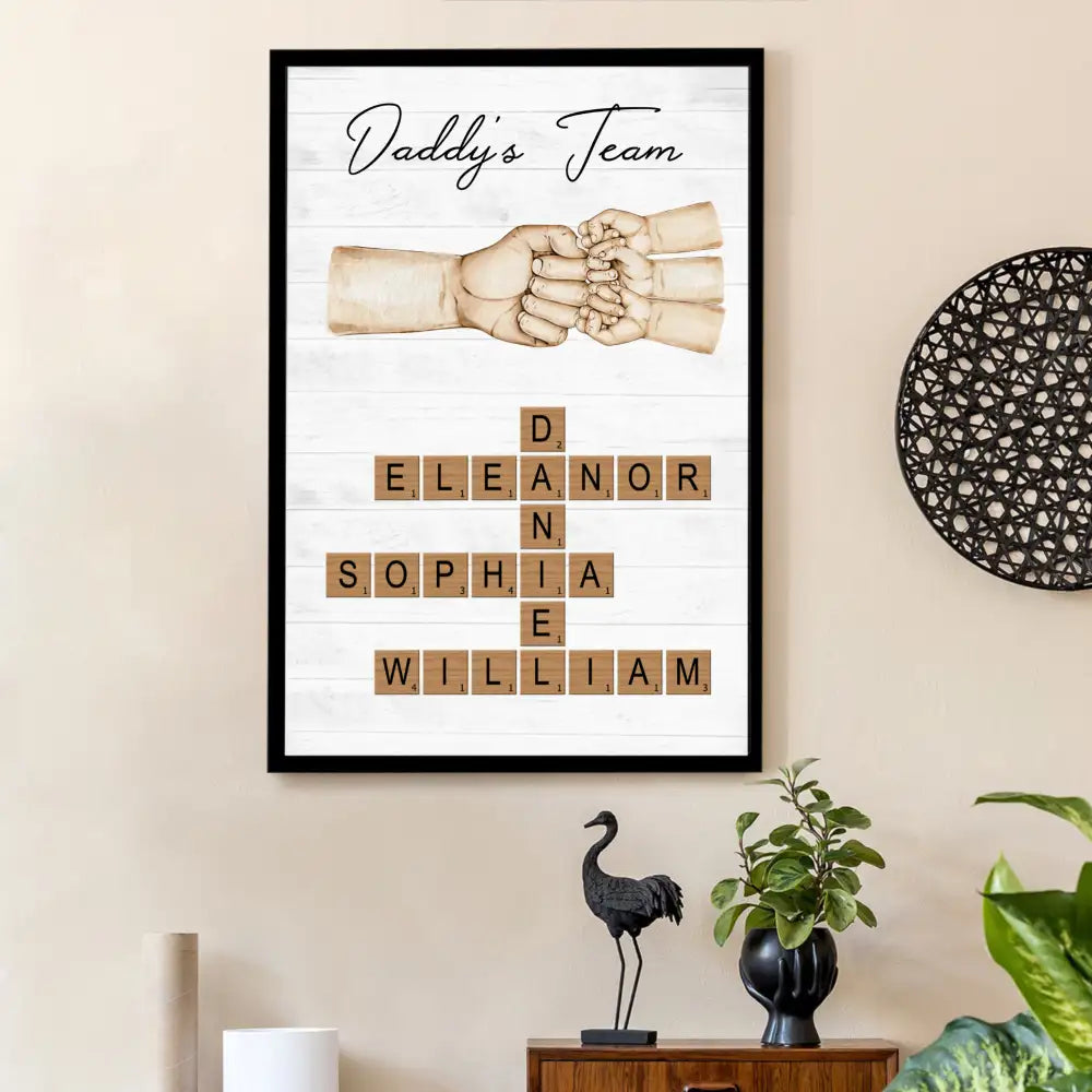 Daddy's Team Poster with Fist Bump Crossword Design, Heartwarming Family Scene, Perfect Gift for Dad