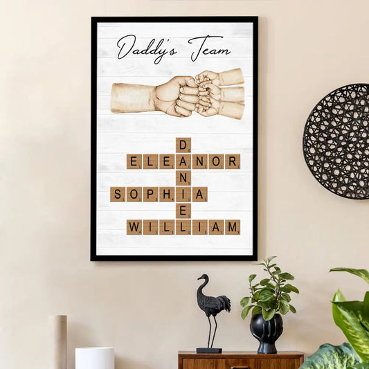 Daddy's Team Poster with Fist Bump Crossword Design, Heartwarming Family Scene, Perfect Gift for Dad