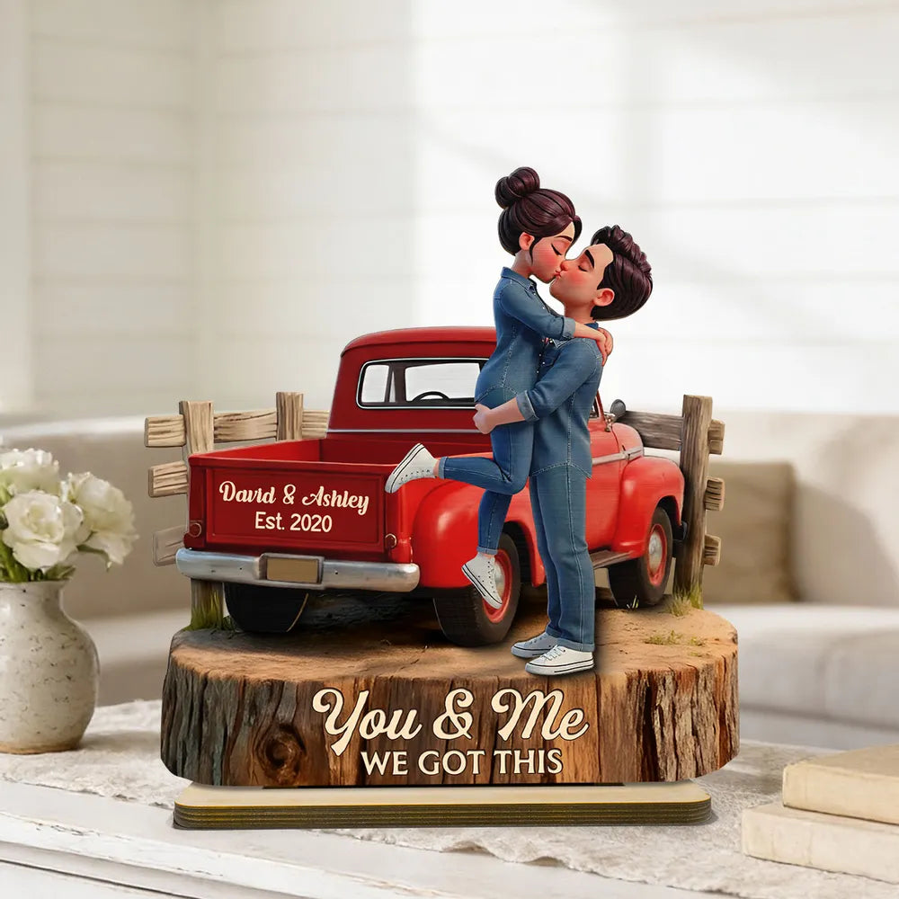 Personalized 2-Layer Wooden Plaque with Kissing Couple in Red Pickup Truck, Farmhouse Decor, Unique Gift for Couples