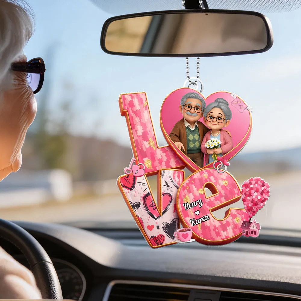 Personalized Acrylic Car Hanger, Cute Elderly Couple in Heart LOVE Design, Sweet Rearview Mirror Decor, Unique Gift for Couples