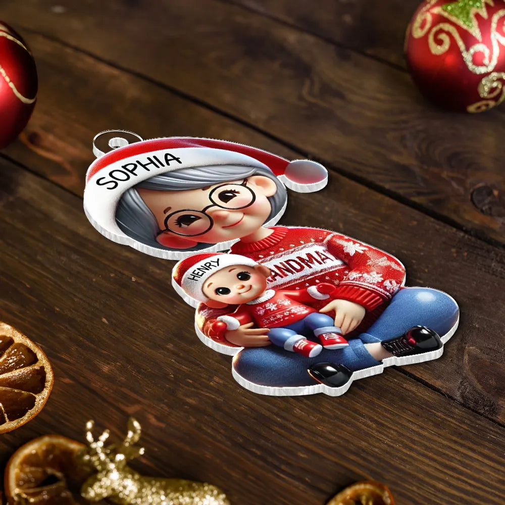 Acrylic Ornament with Grandma & Grandkid Hug Scene, Heartwarming Holiday Décor and Perfect Gift for Family