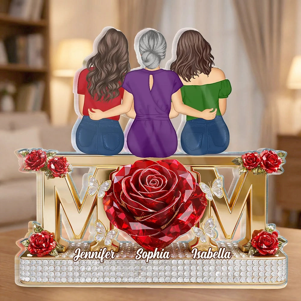 Personalized Shaped Acrylic Block Plaque Mom With Daughters Back-Hug Design, Red Rose Heart Keepsake, Unique Gift for Mom