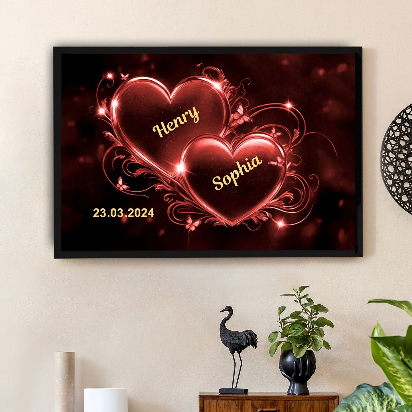 Romantic Double Heart Neon Poster or Canvas - Personalized Valentine’s Day Gift for Couples, Bedroom Decor