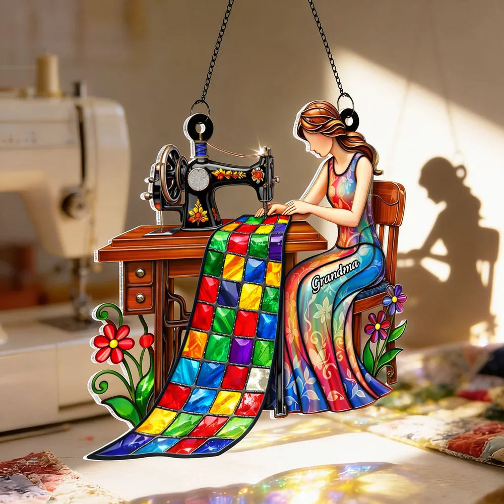 Personalized Mom Sewing Quilt Acrylic Suncatcher Ornament for Window Decor - Sunlight Reflection, Unique Gift for Mom or Grandma