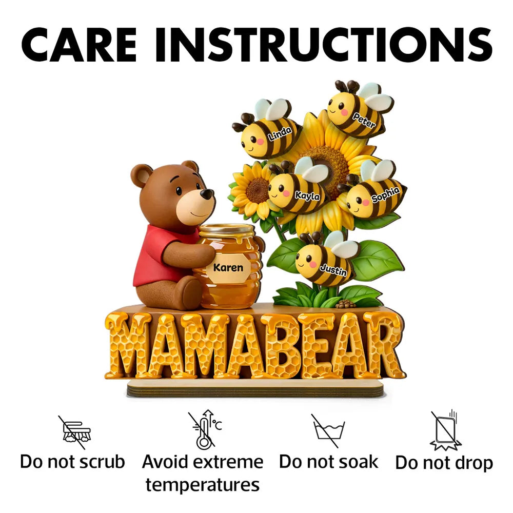 Mama Bear with Honey Jar & Sunflower Bees 2-Layer Wooden Plaque, Personalized Family Keepsake for Mom, Warm Living Room Gift