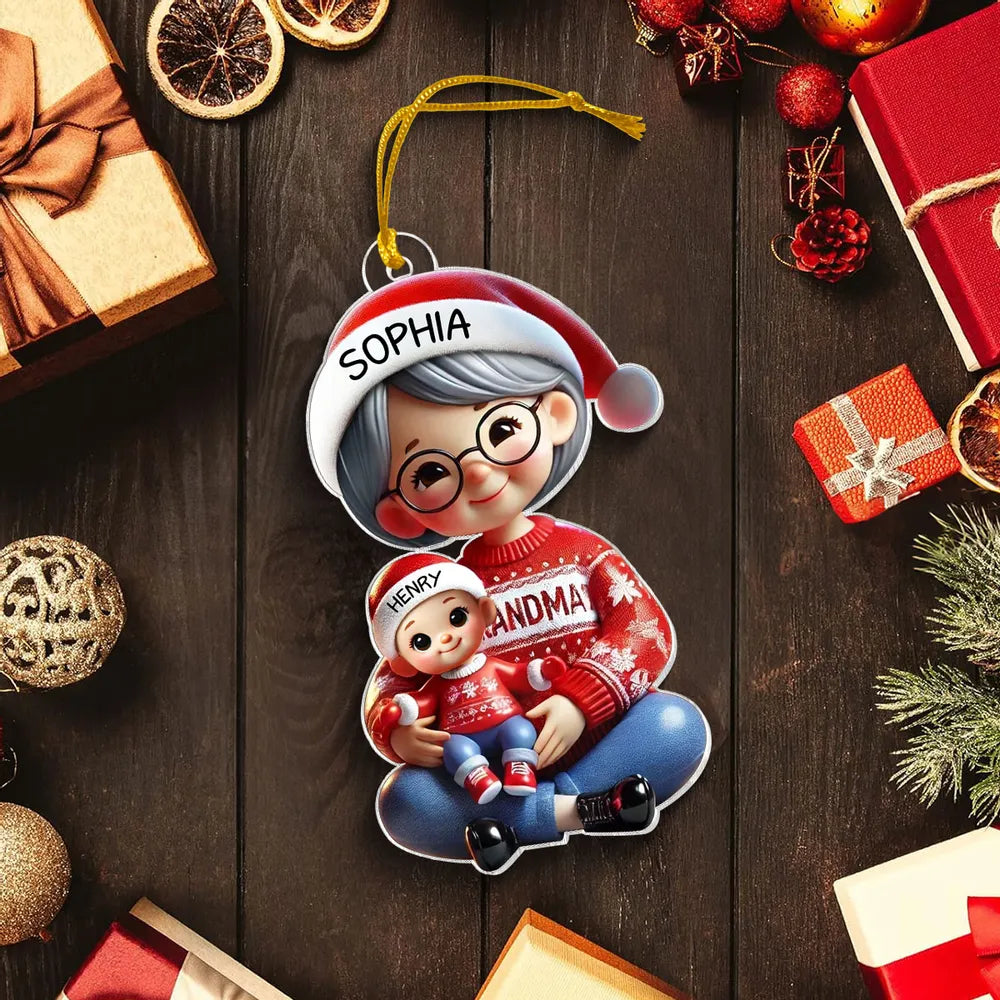 Acrylic Ornament with Grandma & Grandkid Hug Scene, Heartwarming Holiday Décor and Perfect Gift for Family