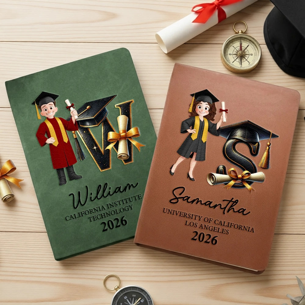 Personalized Graduation Cartoon Leather Journal With Initial, Cap & Diploma, Unique Gift For the Grad
