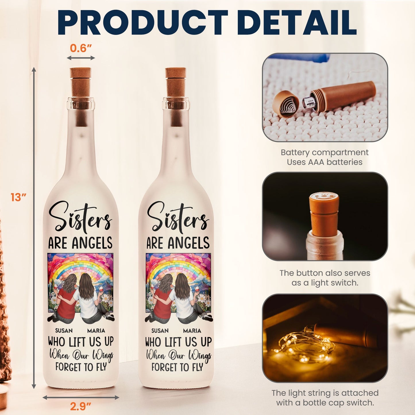 Bottle Lamp Sisters Are Angels design – warm decorative light with soft glow, meaningful home décor for shared memories, gift-ready for best friends and sisters